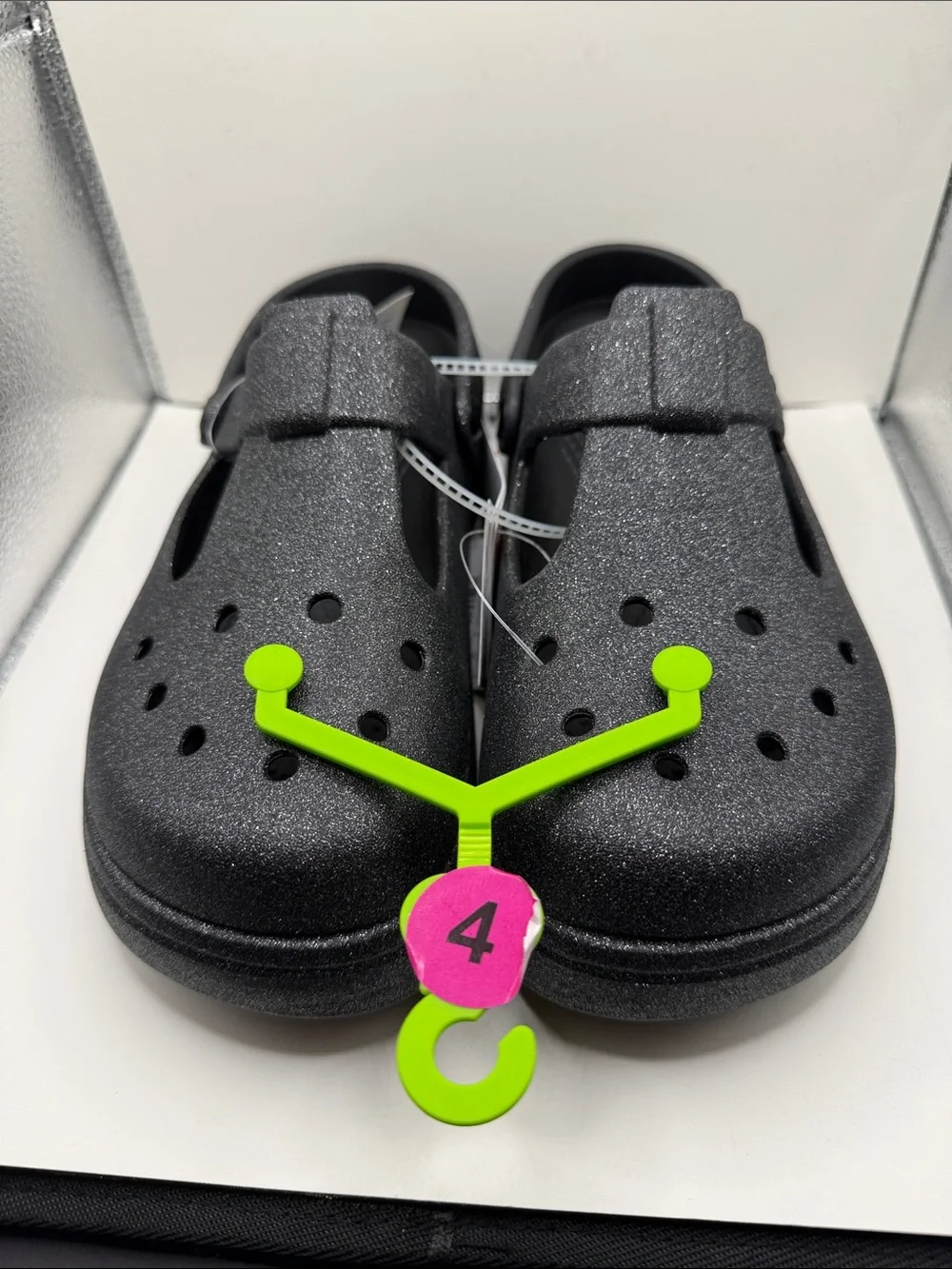 CROCS Kids Black Glitter Clog Sandals with Neon Tag